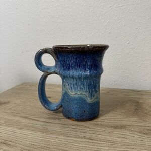 Handmade Blue Drip Glaze Studio Art Mug B Shaped Handle Pottery Cup Rustic‎